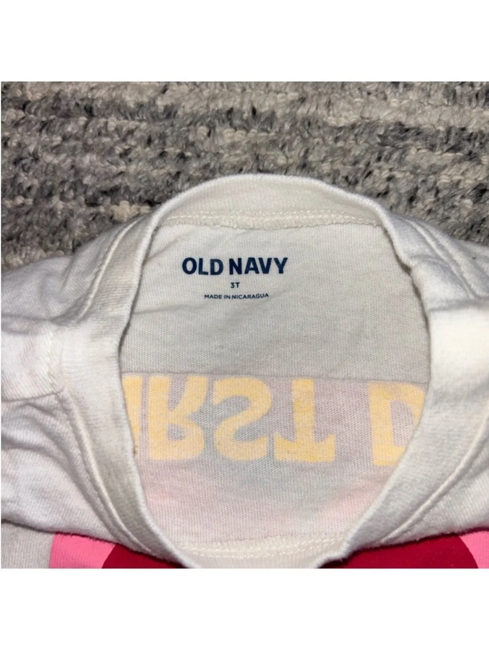 Old Navy White Kids Tee with Pink Square and Red Apple Graphic